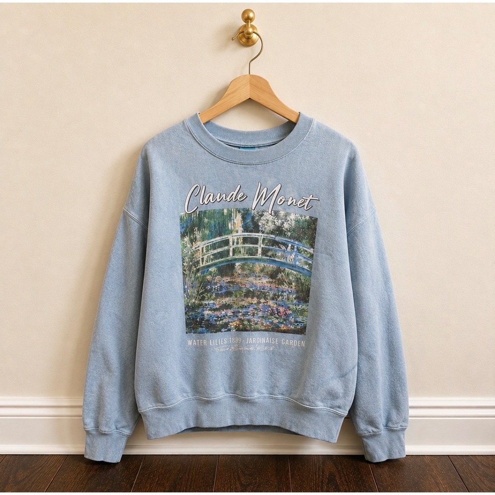 Rebellious One Claude Monet Water Lilies Japanese Bridge Sweatshirt Blue L